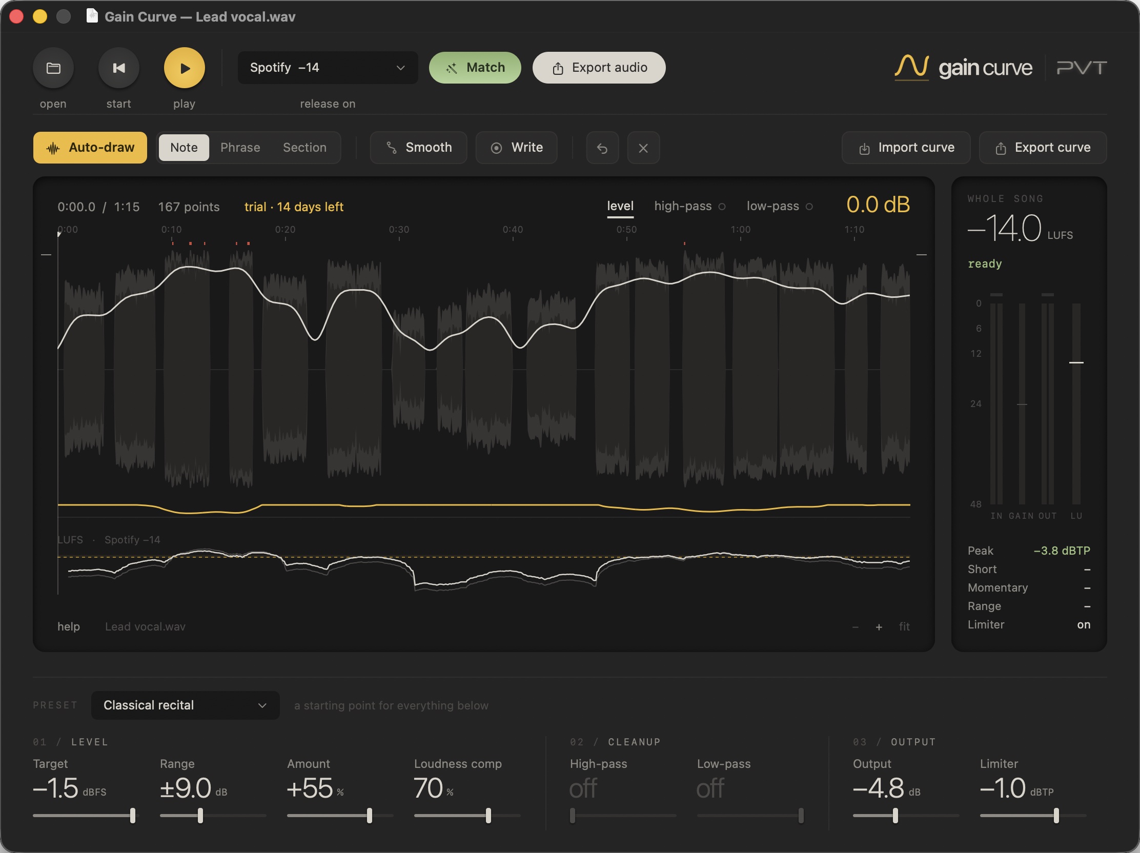 The Gain Curve app: a vocal take with its drawn gain curve, matched to Spotify at −14 LUFS.