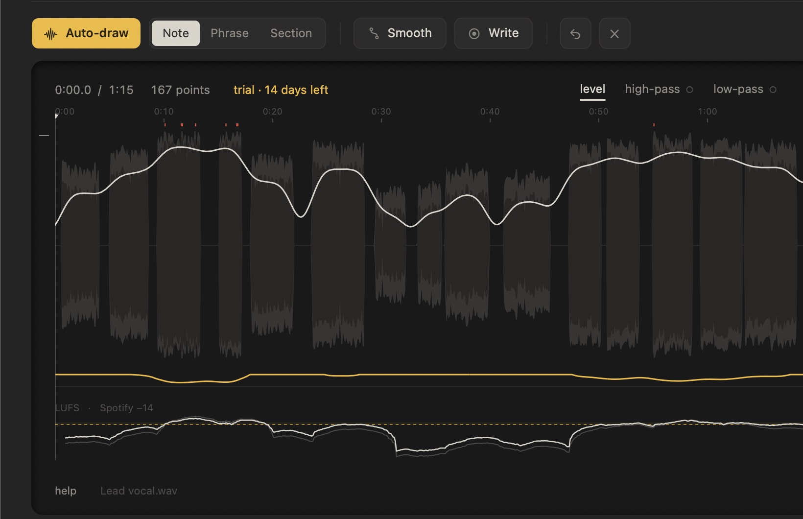 A drawn gain curve over a vocal waveform, with the loudness lane underneath.